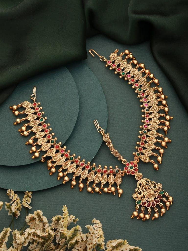 Gold Plated Red Green Kempo Studded Lakshmiji Temple Bridal Damini Matha PattiMatha Patti Unknown view 2