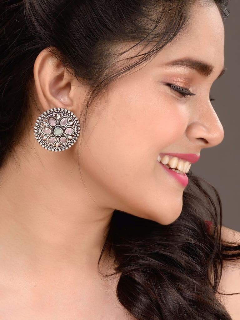 Oxidised Silver Plated Pink Mint Studds Earrings view 7