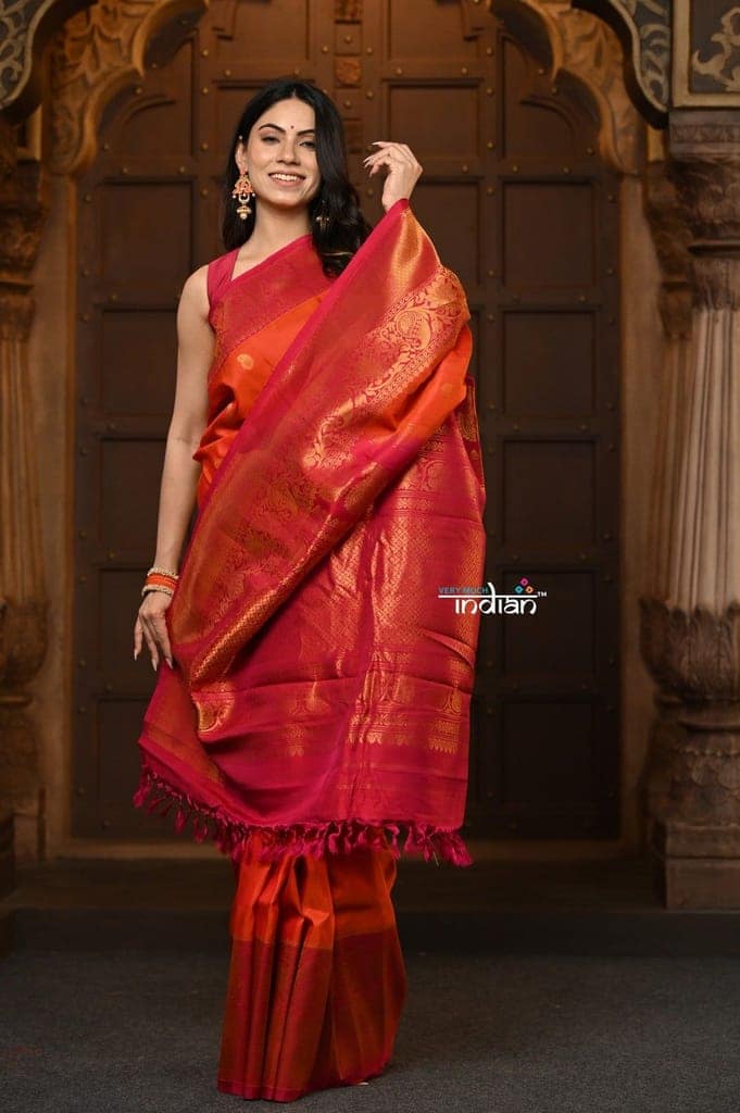 Parampara Revived ~ Gadwal Pure Silk Handloom Saree in Sapphire Orange view 3