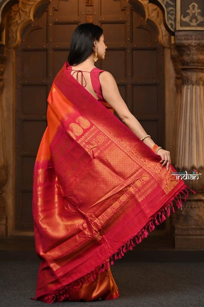Parampara Revived ~ Gadwal Pure Silk Handloom Saree in Sapphire Orange view 4