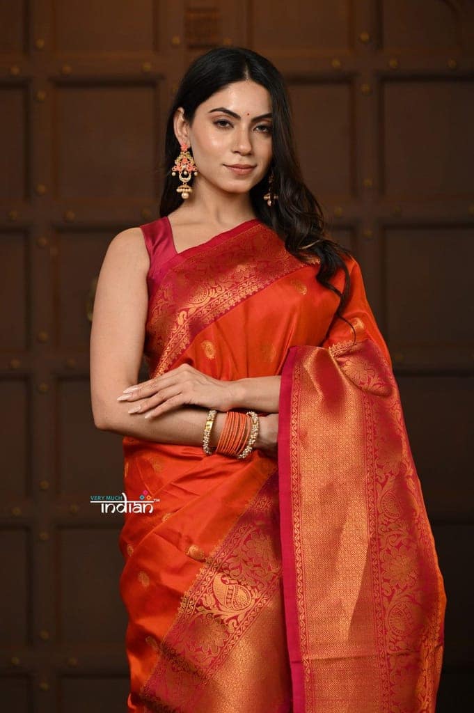 Parampara Revived ~ Gadwal Pure Silk Handloom Saree in Sapphire Orange view 5