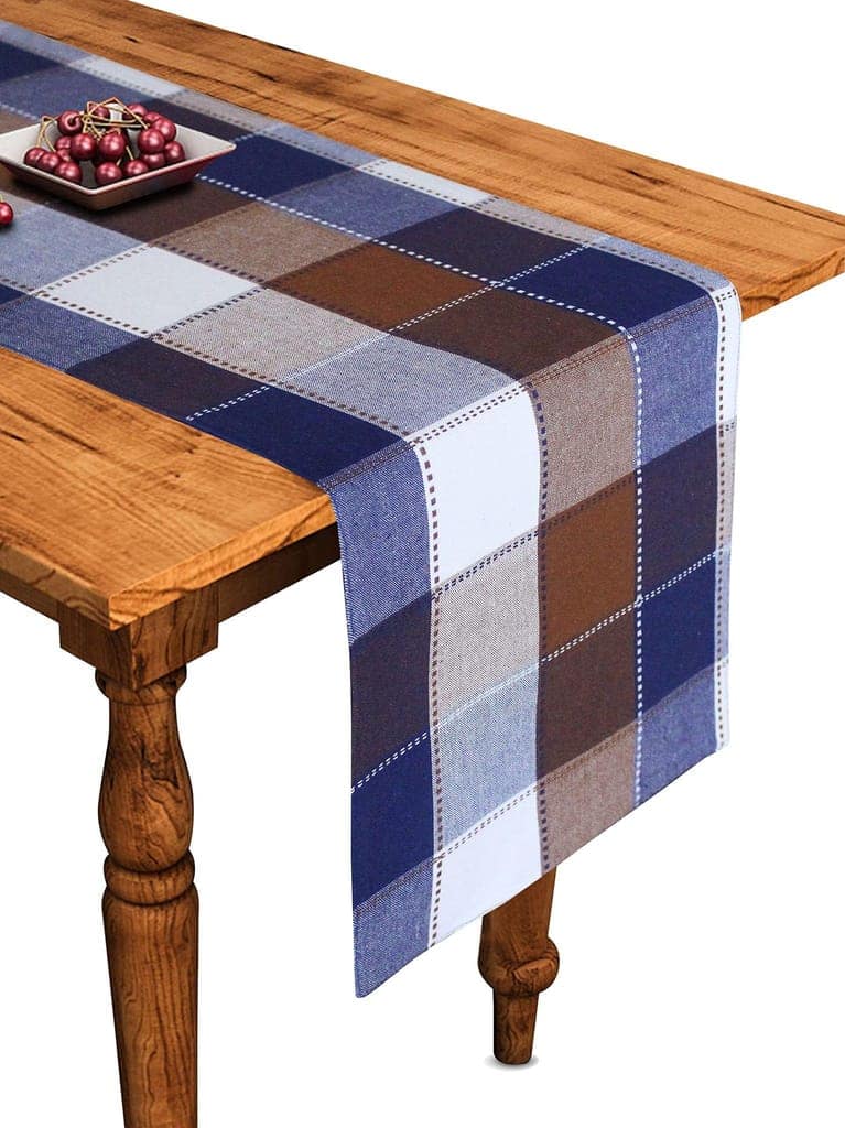 Airwill Cotton Dobby Blue Designed Checked Pattern Table Runner Length 152cm (Blue&Brown, Pack of 1)