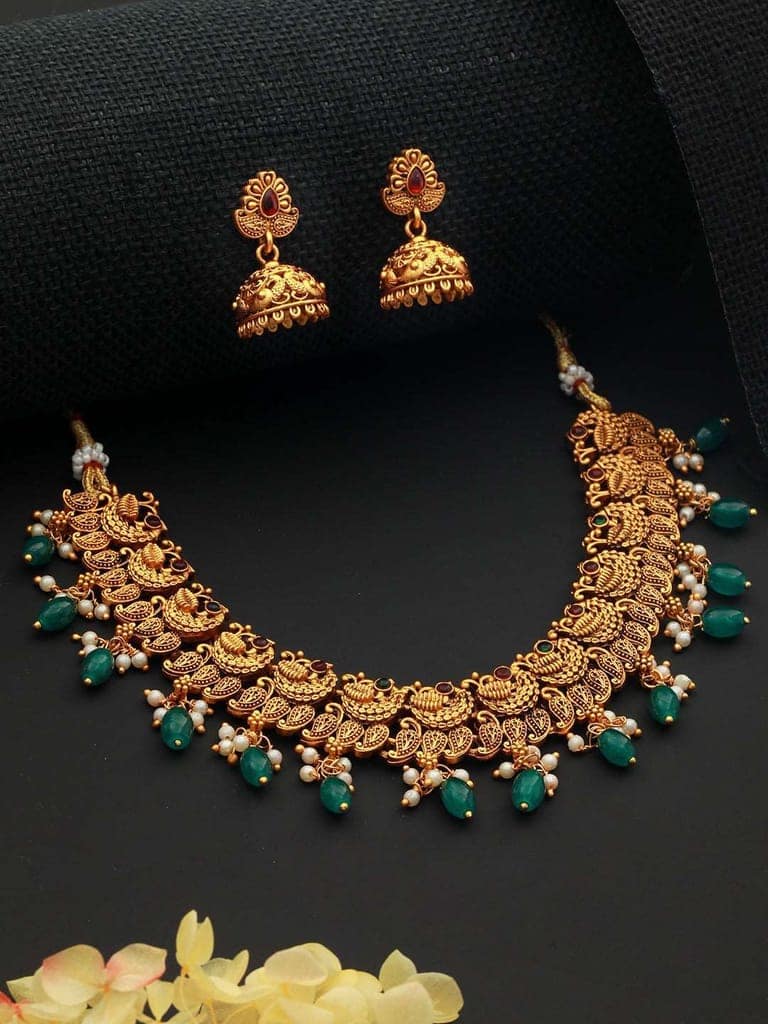 Gold Plated Green Stone Studded Peacock temple Jewellery Set view 2