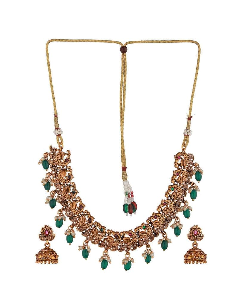 Gold Plated Green Stone Studded Peacock temple Jewellery Set view 3