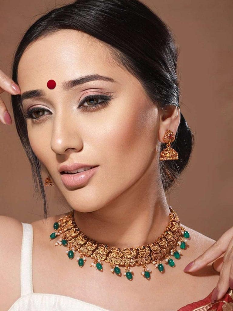 Gold Plated Green Stone Studded Peacock temple Jewellery Set view 4