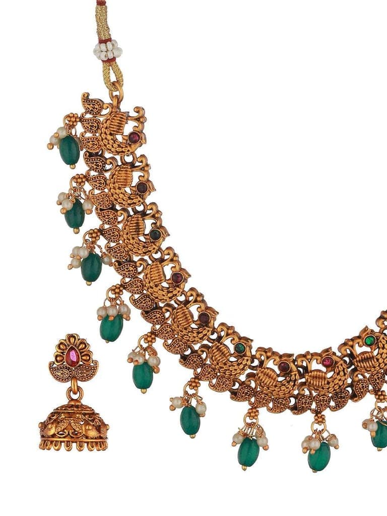 Gold Plated Green Stone Studded Peacock temple Jewellery Set view 7
