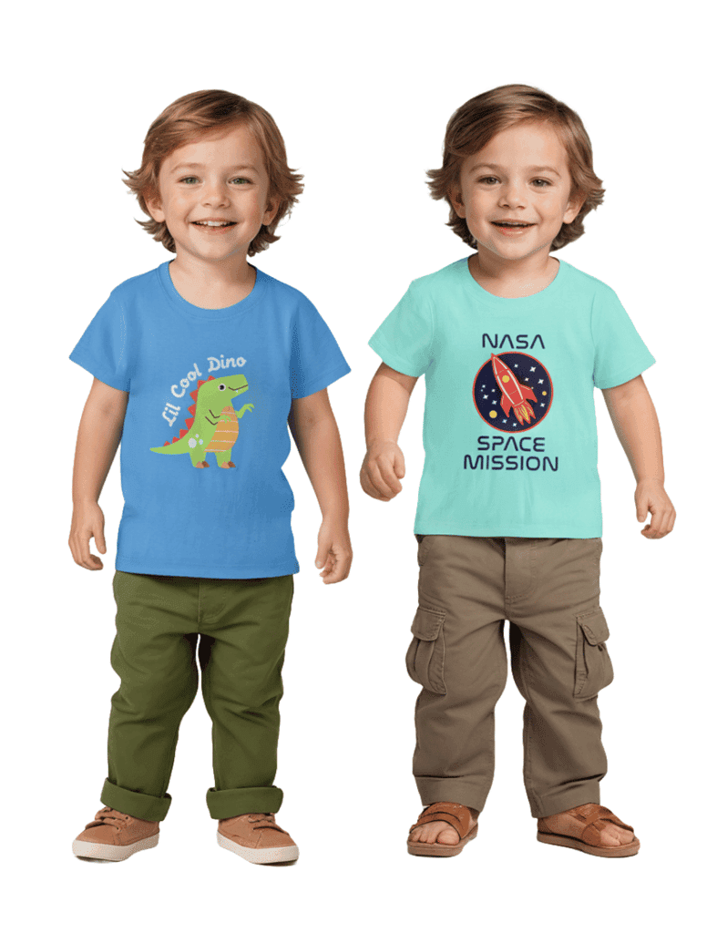 Boys T-Shirt All Aboard Blue / Biscay Green, Soft Cotton, Ages 2-6 (2pcs pack)