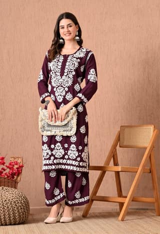 Hand Embroidered Chikankari Plazo Set 3d Work- Wine