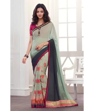 BLEESBURY Georgette Printed Saree With Unstitched Blouse Piece ( Mint Green )