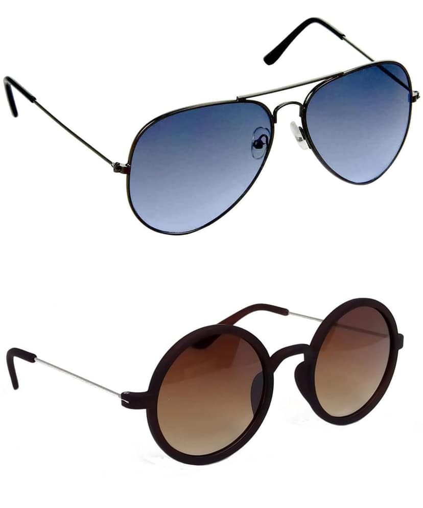 HRINKAR Unisex Pilot Sunglasses Grey & Silver Frame, Blue & Brown Lens (Medium) - Pack of 2