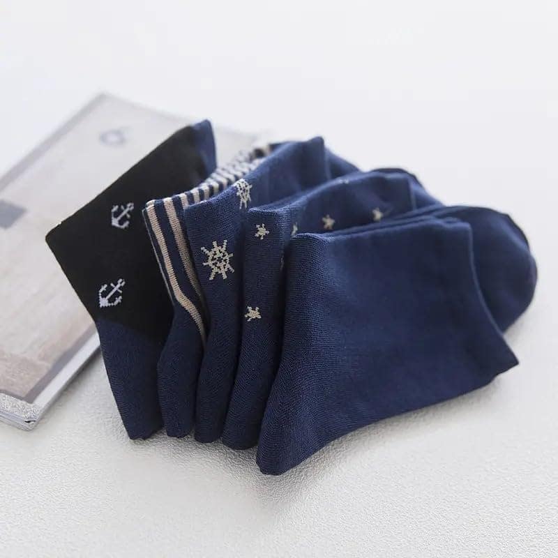 Sockcarving Pack of 5 Nautical-Themed Women's Crew Socks Soft, Comfortable, and Stylish Cotton Socks with Anchor and Star Patterns view 2
