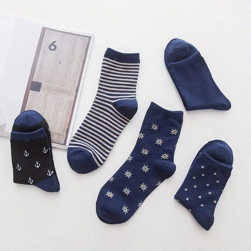 Sockcarving Pack of 5 Nautical-Themed Women's Crew Socks Soft, Comfortable, and Stylish Cotton Socks with Anchor and Star Patterns view 3