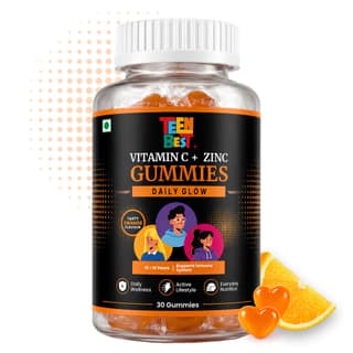 Healthbest Teens Vitamin C with Zinc Gummies for Glowing Skin, Orange Flavour, Supports Immune Health, Energy and Wellness, 30 Gummies for Boys and Girls