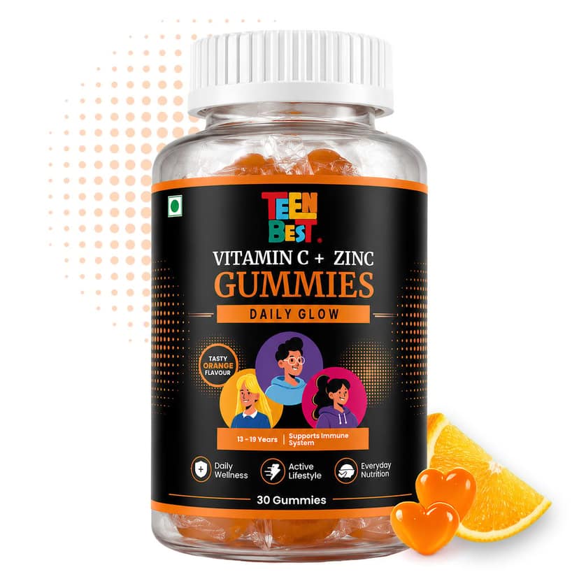Healthbest Teens Vitamin C with Zinc Gummies for Glowing Skin, Orange Flavour, Supports Immune Health, Energy and Wellness, 30 Gummies for Boys and Girls