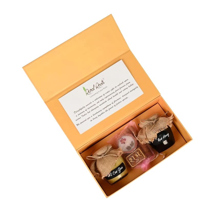 Rural Roots Swarna Sutra Diwali Gift Hamper | Healthy Honey & Ghee Duo Festive Box | Wholesome Corporate & Family Gifting | Raw Honey, A2 Gir Cow Ghee, Diya Set, Shubh Labh & Greeting Card