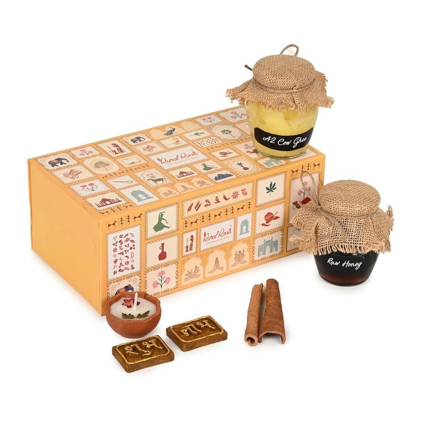Rural Roots Swarna Sutra Diwali Gift Hamper | Healthy Honey & Ghee Duo Festive Box | Wholesome Corporate & Family Gifting | Raw Honey, A2 Gir Cow Ghee, Diya Set, Shubh Labh & Greeting Card view 3