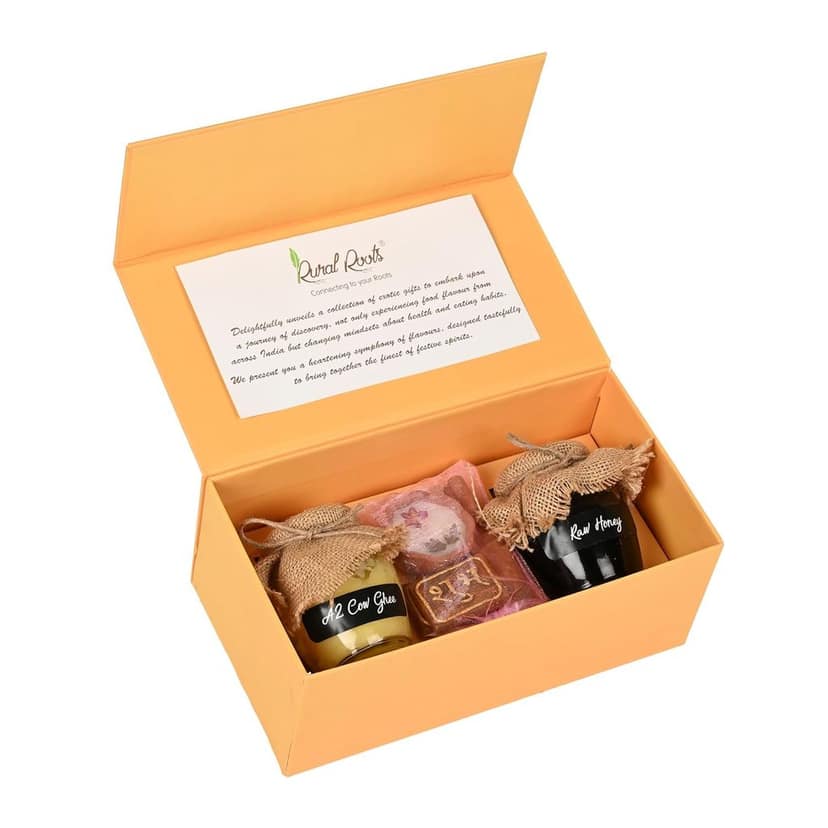 Rural Roots Swarna Sutra Diwali Gift Hamper | Healthy Honey & Ghee Duo Festive Box | Wholesome Corporate & Family Gifting | Raw Honey, A2 Gir Cow Ghee, Diya Set, Shubh Labh & Greeting Card view 5