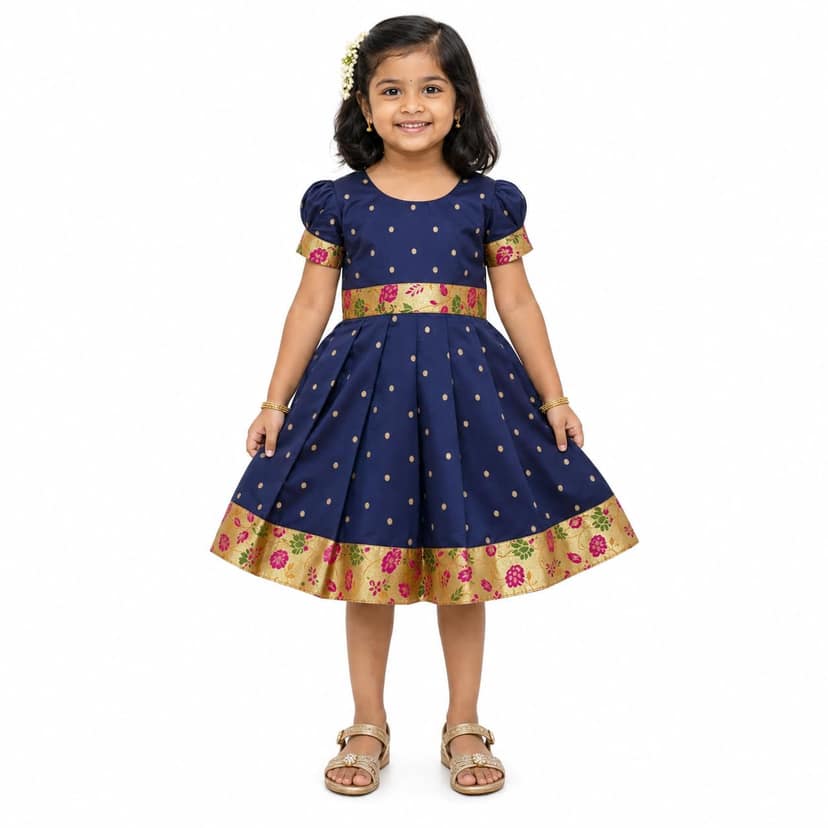 luster Frock taffata-Paithani Age (0 to 5) (3-4 Years, Navy Blue)