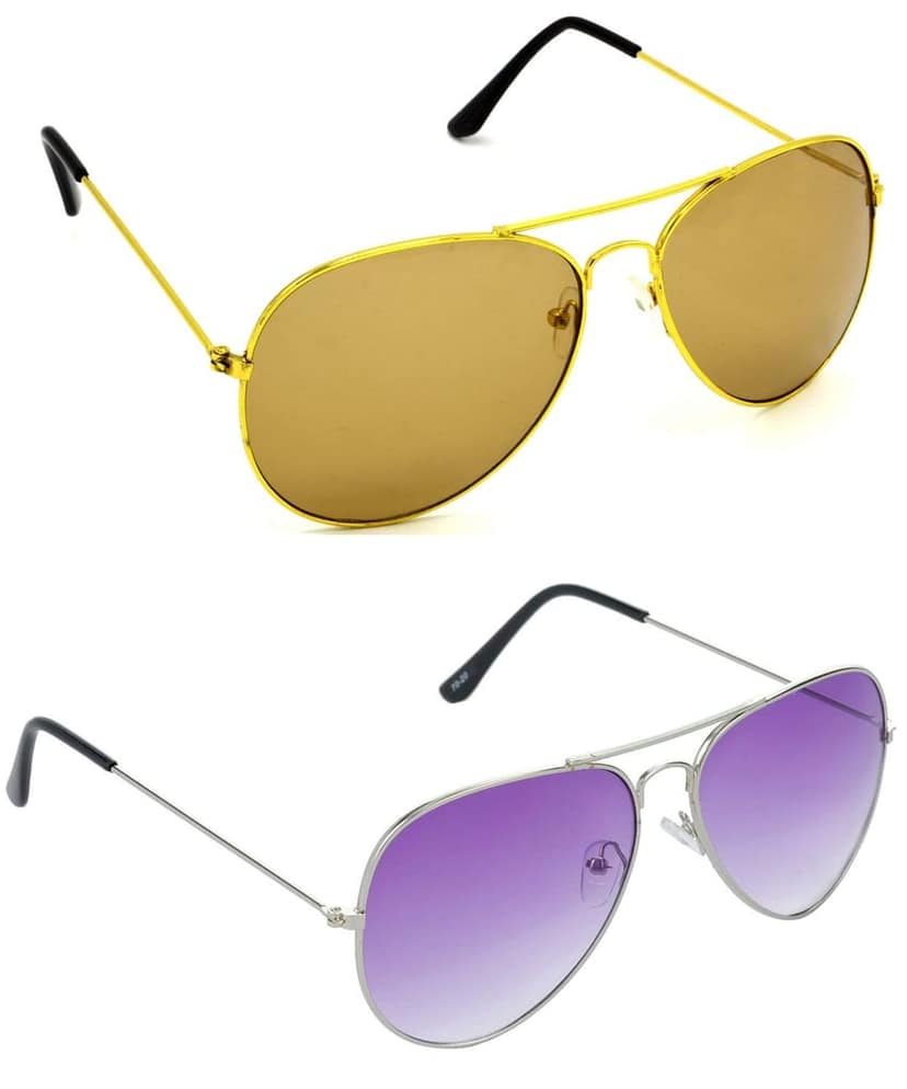 HRINKAR Unisex Pilot Sunglasses Golden & Silver Frame, Brown & Violet Lens (Medium) - Pack of 2