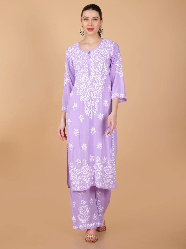 Pure Modal Heavy Bota Pattern hand embroidered Chikankari Kurta Set -Purple view 2