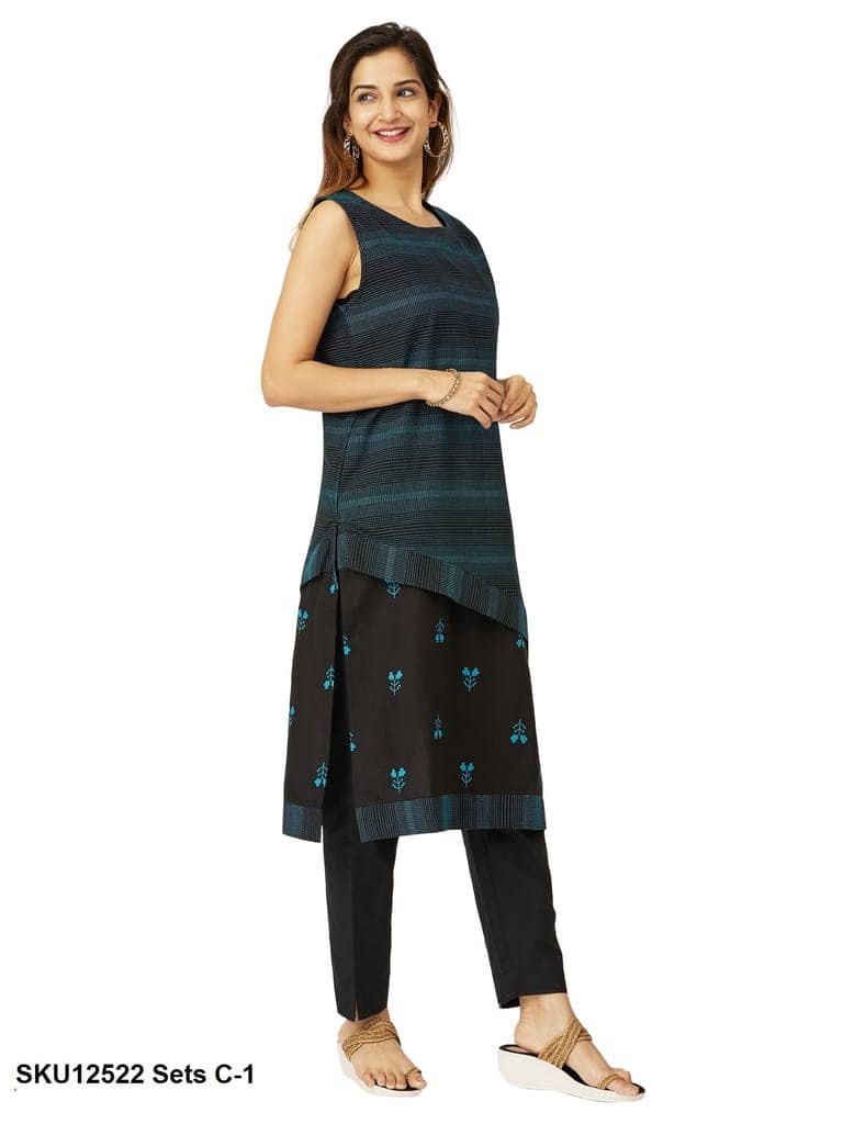 Women's Sleeveless Black & Teal Layered Cotton Kurti with Embroidered Design and Palazzo Set view 5