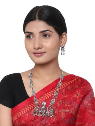 Cardinal Oxidized Silver Color White Stone Long Necklace Set