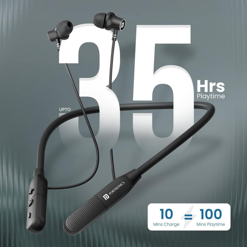 Portronics Harmonics Z13 Neckband, Upto 35 Hours Playtime, Bluetooth Version 6.0, HD Mic, Gaming Mode - Black view 2