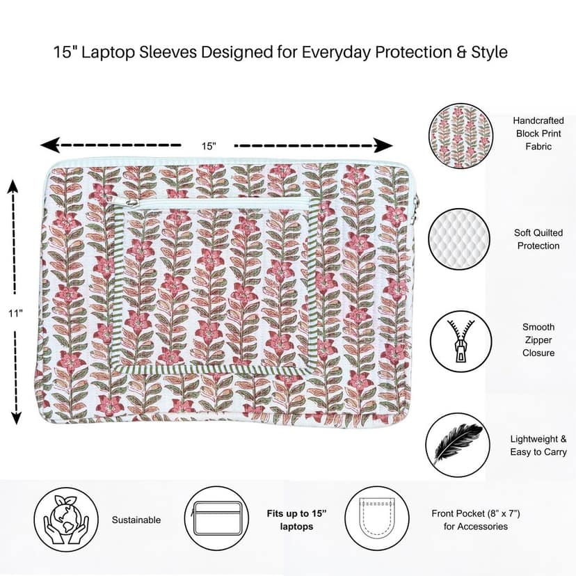 Rani Vines Block Print Quilted Cotton Laptop Sleeve With Front Pocket Peach 10"X15" view 3