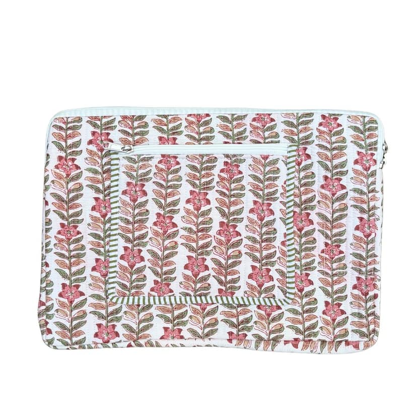 Rani Vines Block Print Quilted Cotton Laptop Sleeve With Front Pocket Peach 10"X15" view 4