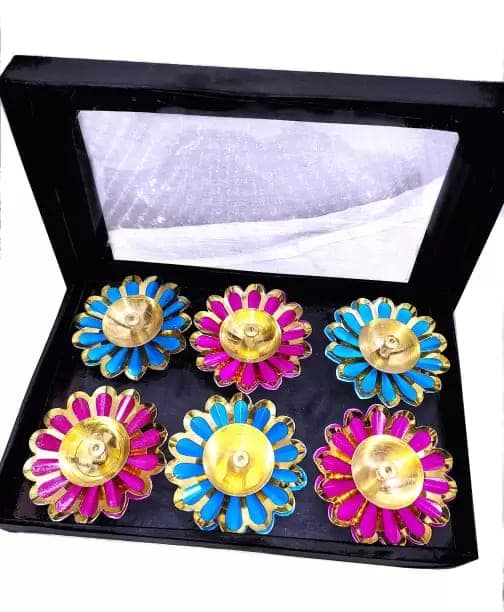 Homestyle India Brass & Iron Flower Shape Diya Set, Pack of 6 Pieces (4x4x1.5 Inch_Blue & Pink) Brass, Iron (Pack of 6) Table Diya Set (Height: 1.5 inch)