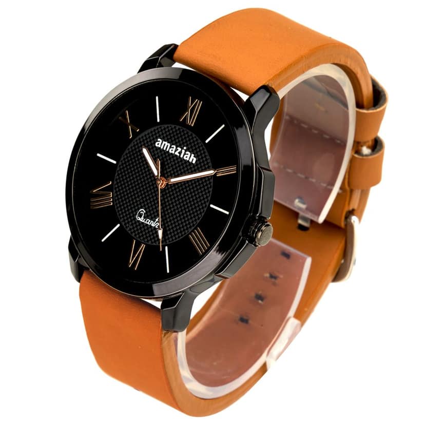 Amaziah Men's Analog Watch with Black Dial and Brown Leather Strap view 3