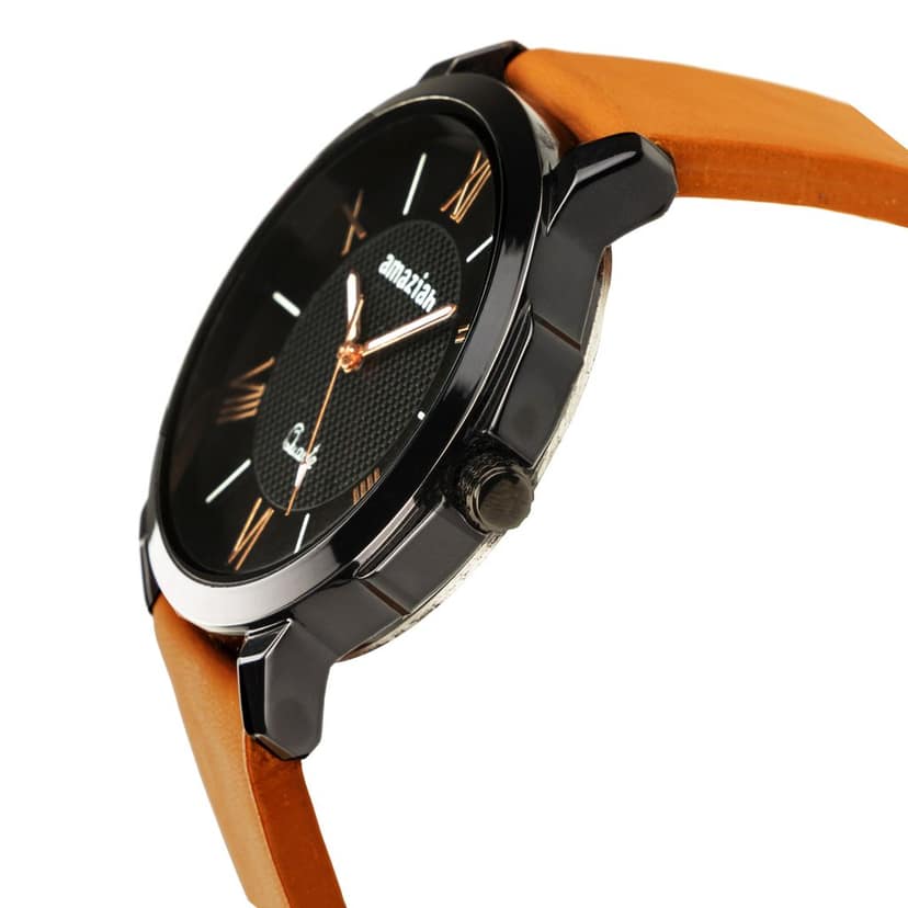 Amaziah Men's Analog Watch with Black Dial and Brown Leather Strap view 4