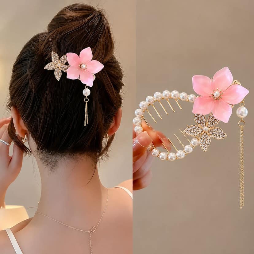 Elegant Pearl Floral Hair Comb with Tassel view 2