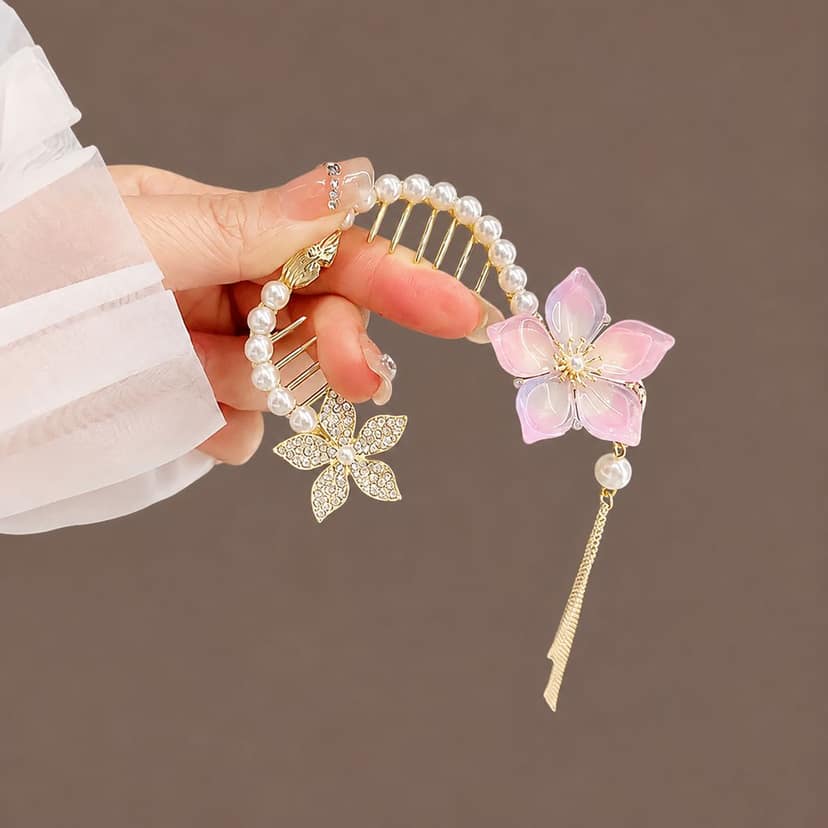 Elegant Pearl Floral Hair Comb with Tassel view 3