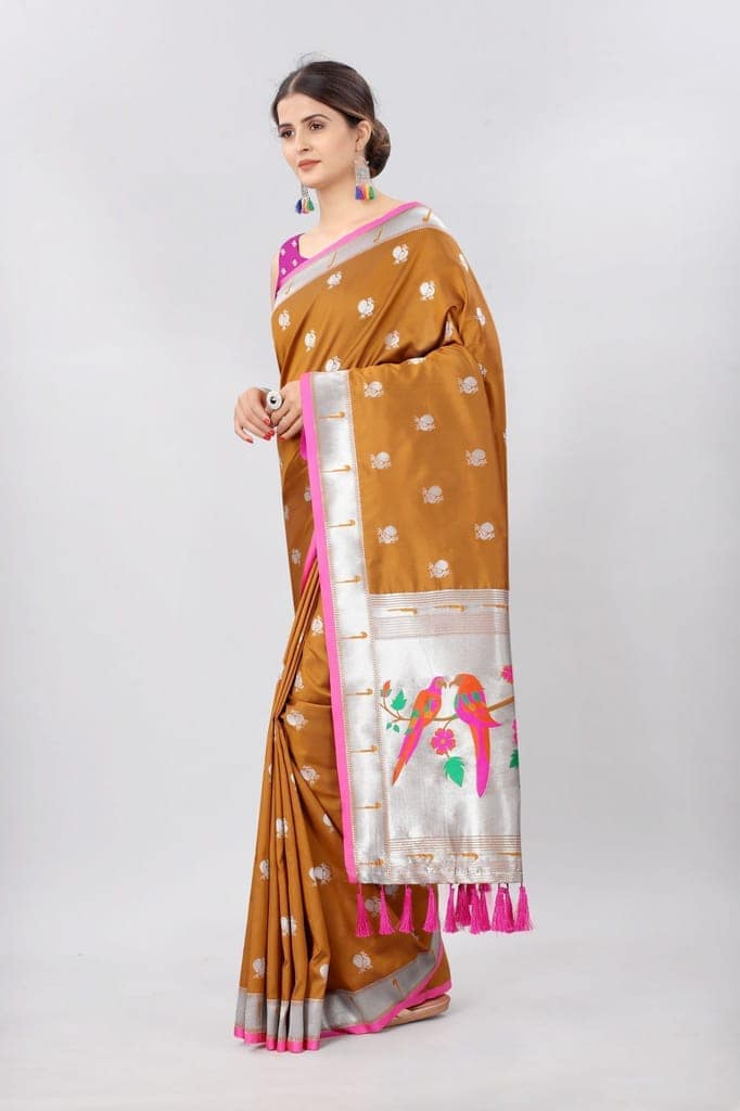 Mustard &amp; Gold Toned Woven Soft Silk Banarasi Saree view 2