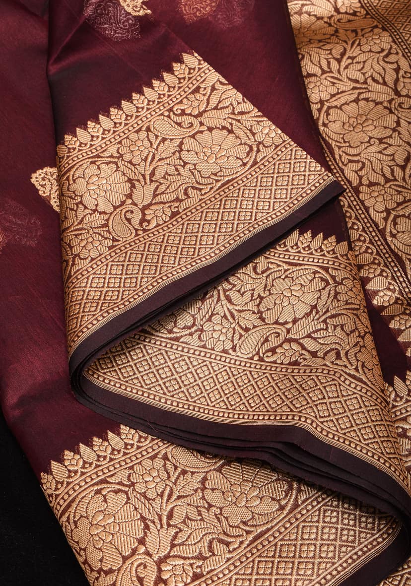 Brown Exquisite Banarasi Kora Silk Saree with Sona Rupa Motifs with Zari Border | SILK MARK CERTIFIED view 3