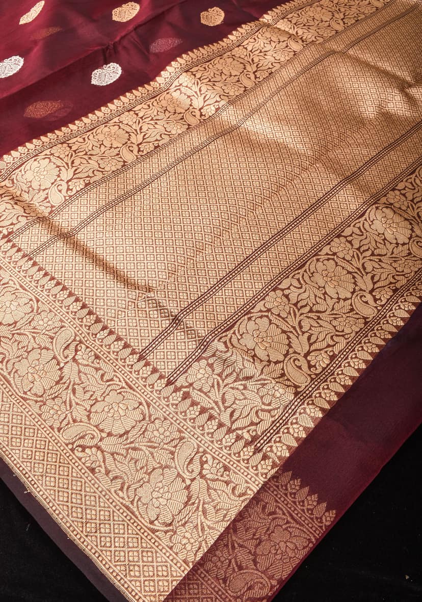 Brown Exquisite Banarasi Kora Silk Saree with Sona Rupa Motifs with Zari Border | SILK MARK CERTIFIED view 8