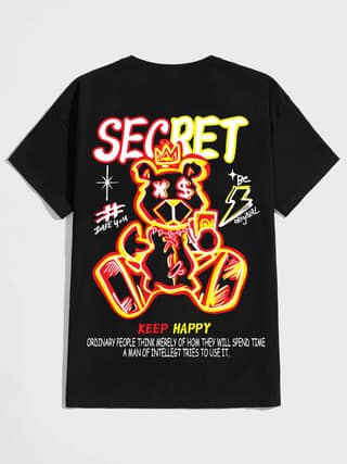 SCOTT FINCHER Men's Black T-shirt with a graffiti-style graphic of a bear with a crown on its head and the text "Secret" written above it. : AA(HSR)BLACK_126