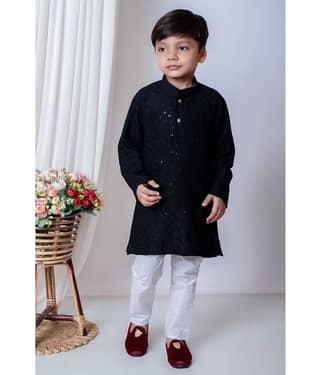 New Collection Boys Cotton Blend Sequined - Pattern Kurta Pant Set ( Dark Blue , Pack of 1 )