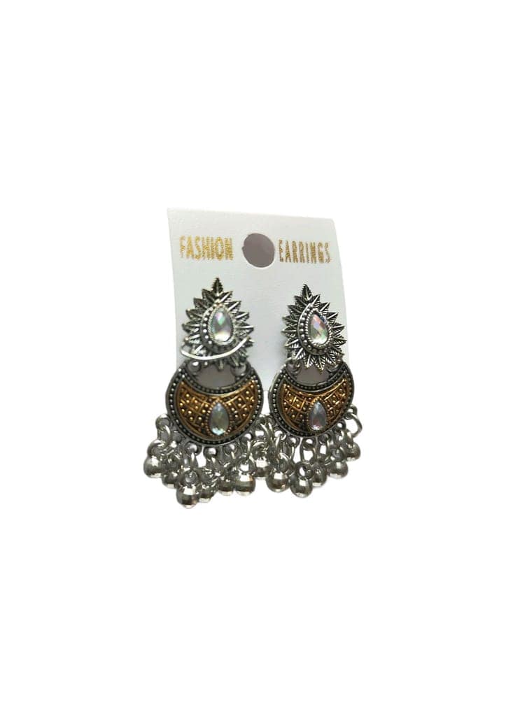 oxidized silver jhumka earrings with golden floral design and pearl drops view 2