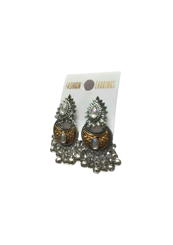 oxidized silver jhumka earrings with golden floral design and pearl drops view 3