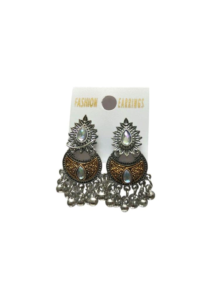 oxidized silver jhumka earrings with golden floral design and pearl drops view 4