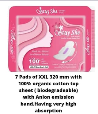 Stay She Ultra Thin Advance Sanitary Pads with Anion Emission Band - 7 Pads of XXL 320mm with 100% Organic Cotton Top Sheet (Biodegradable)