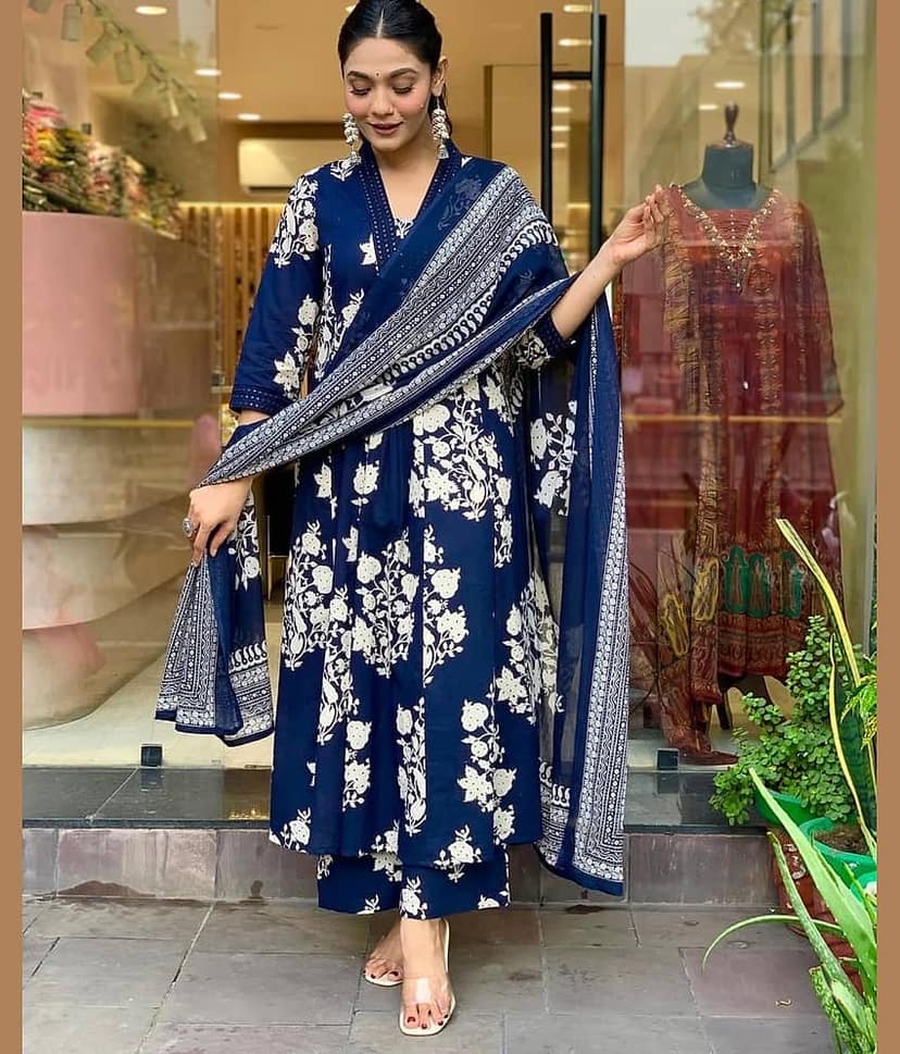 Heavenly Attire Cotton Printed Kurti With Palazzo Women's Stitched Salwar Suit - Blue ( Pack of 1 )
