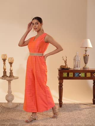 Peach-Orange Satin-Silk Butti Jumpsuit with Embellished Belt | Sleeveless V-Neck, Wide-Leg Festive & Wedding-Guest Wear