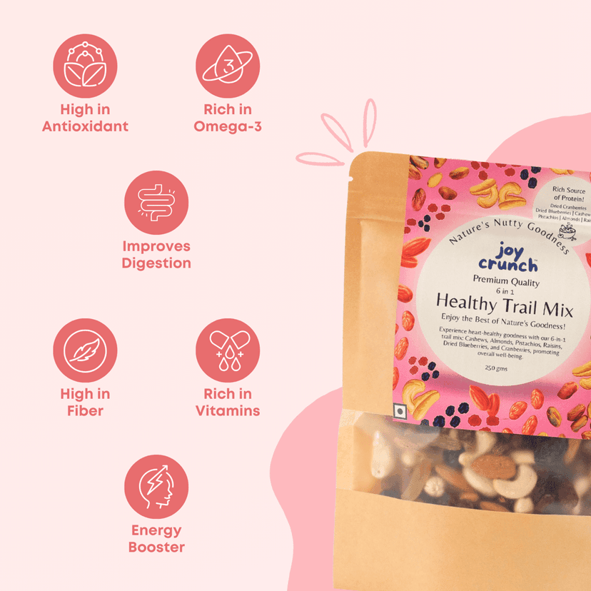 Joy Crunch Mixed Dry Fruits | Healthy Trail Mix 500g | 6 in 1 Nuts and Berries Mix | Premium Dry Fruits and Nuts | Containing Almonds, Cashew Nuts, Pistachios, Raisins, Blueberries & Cranberries view 4