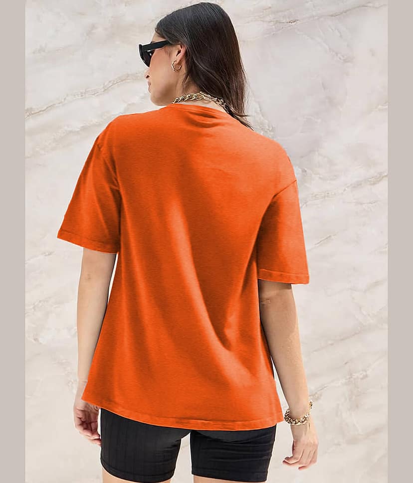 Leotude Women Cotton Blend Solid Oversized Fit Round Neck T-Shirt ( Orange ) view 2