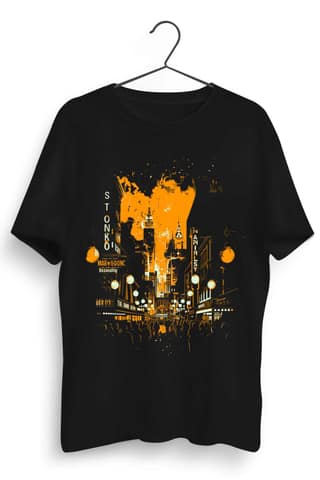 Stonko Black Graphic Printed Mens Round Neck Cotton Tshirt