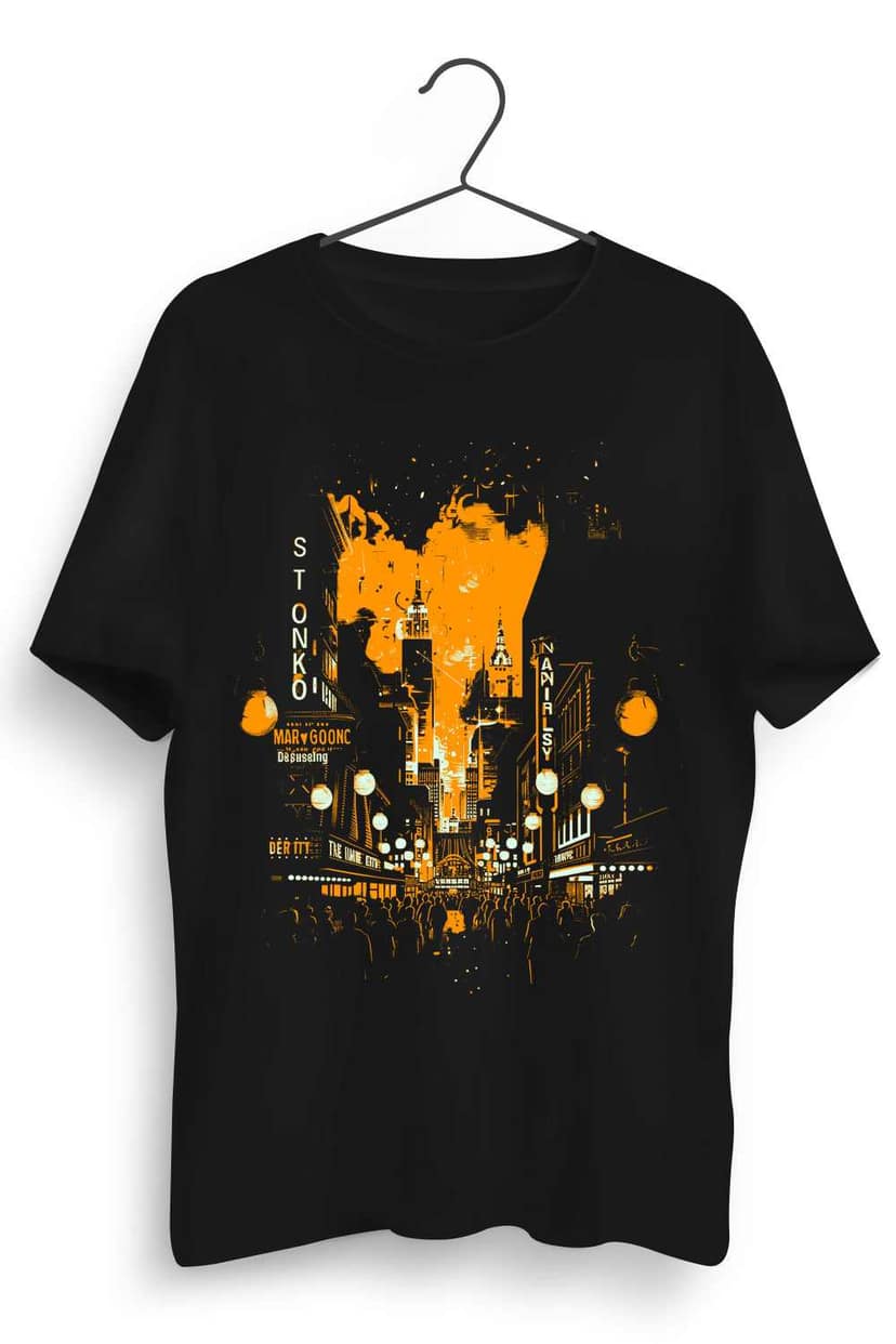 Stonko Black Graphic Printed Mens Round Neck Cotton Tshirt