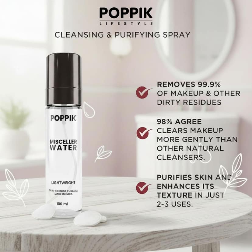 POPPIK Micellar Water, 100ml, Vegan Makeup Remover, Fragrance-Free, Non-Greasy Formula. view 3